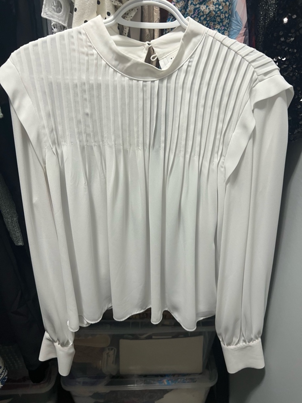 Babaton White Pleated Panel Long-Sleeve Blouse